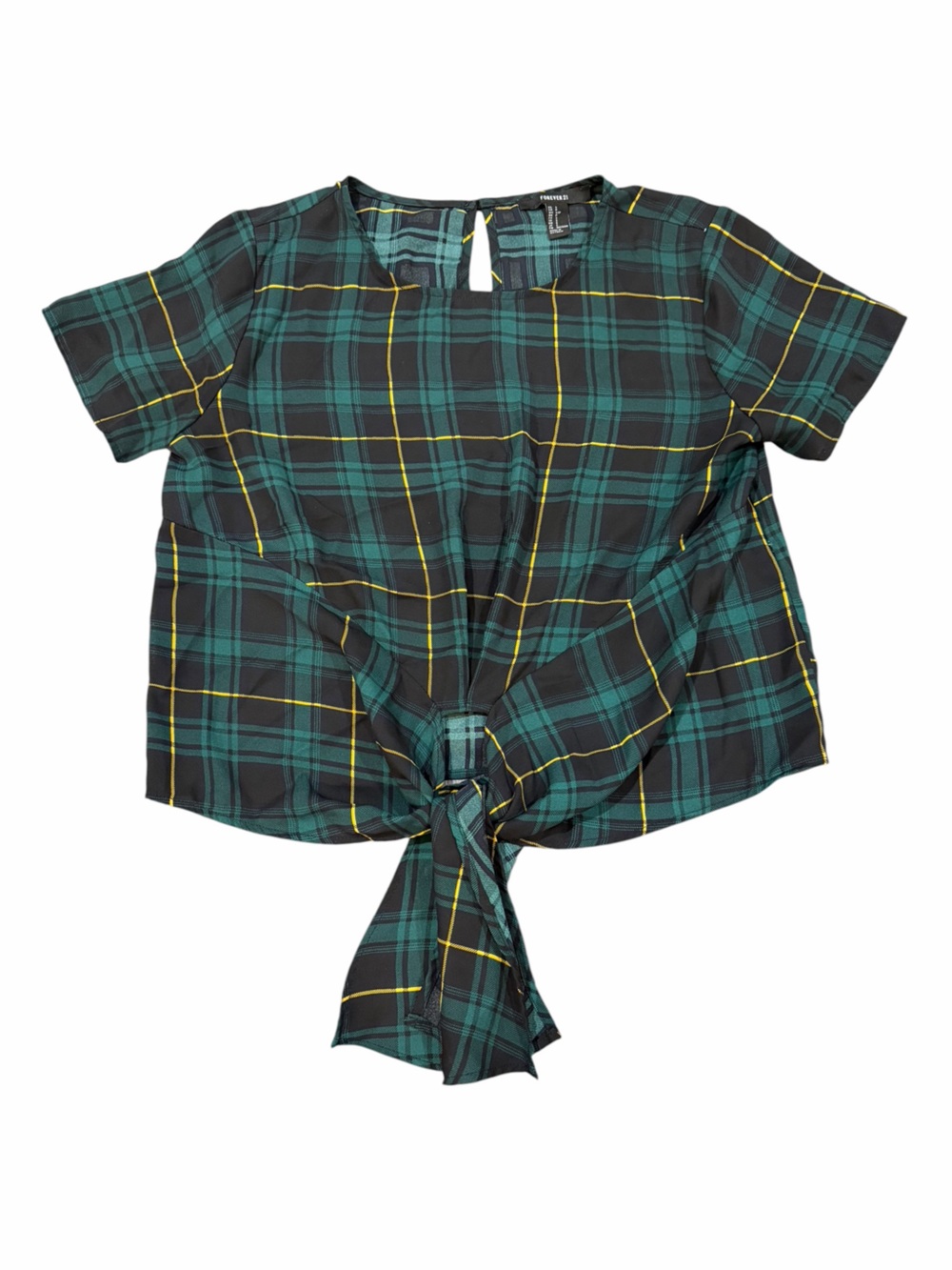 Forever 21 Plaid Tie Front Crop Top Green Black Yellow Size Small